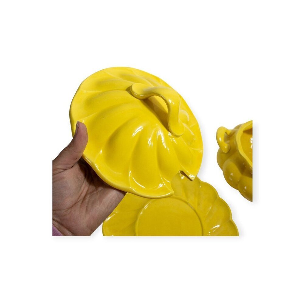 Vintage Sunshine Yellow Ceramic Tureen Set With Lid Matching Plate & Serving Spo - Picture 16 of 16